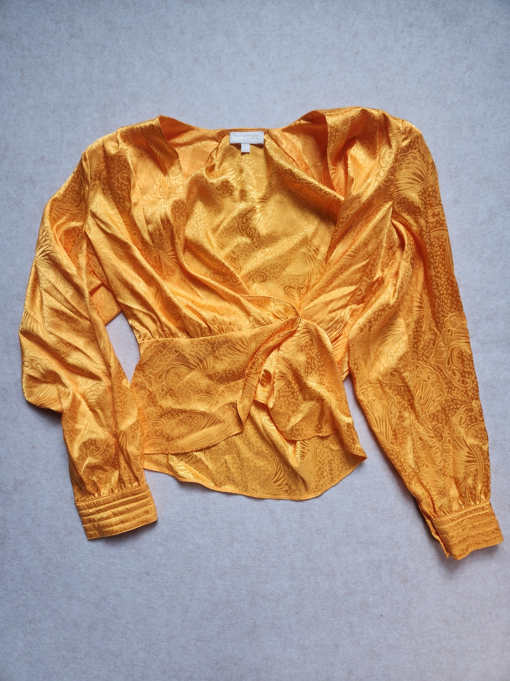 Ronny Kobo Womens Golden Yellow Paisley Satin V-Neck Long Sleeve Blouse SZ S